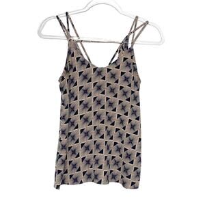 TROUVE Abstract Geometric Tank Blouse V-Neck Strappy Navy Blue Beige Size XS